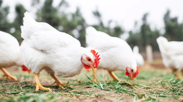 White chicken pecking natural grass on farm, free range poultry foraging outdoors, healthy livestock eating