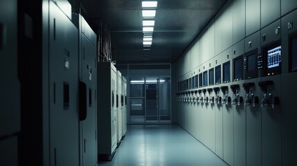 Fototapeta premium Server room aisle with rows of data processing racks