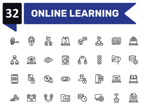 online learning outline icon set featuring stealing data, folder network, file sharing, grades icons.