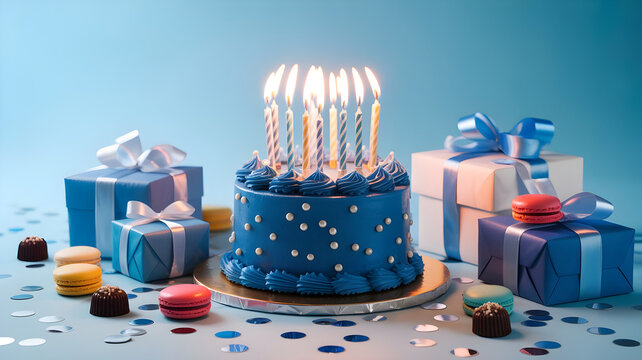 Celebrating birthday with blue cake, gifts and confetti