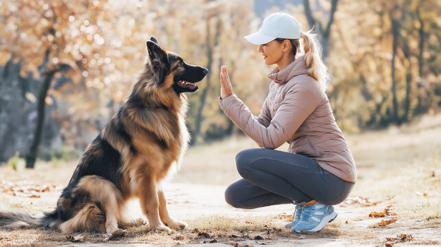 Woman training German Shepherd dog in autumn park, giving it a high five command, bonding and friendship concept