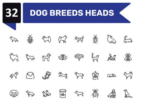 dog breeds heads outline icon set featuring german sheperd, shih tzu, pet collar, pointer dog icons.