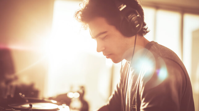 Young male DJ wearing headphones, concentrating on mixing music on turntables with warm sun flare