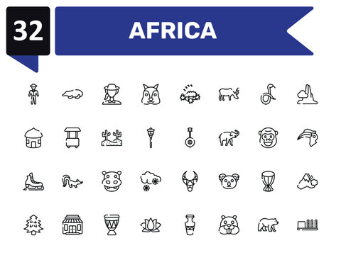 africa outline icon set featuring trainer, biologist, banjo, apartheid museum icons.