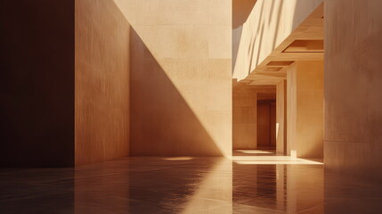 Obraz premium Modern building interior featuring minimalist architecture with clean lines and warm sunlight casting strong, geometric shadows across textured stone walls and a reflective floor