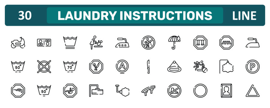 laundry instructions outline icon set featuring motorbike riding, swings, ornamental, any bleach icons.