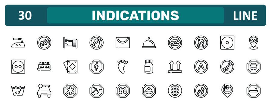 indications outline icon set featuring hot iron, sick people not allowed, no diving, smoke zone icons.