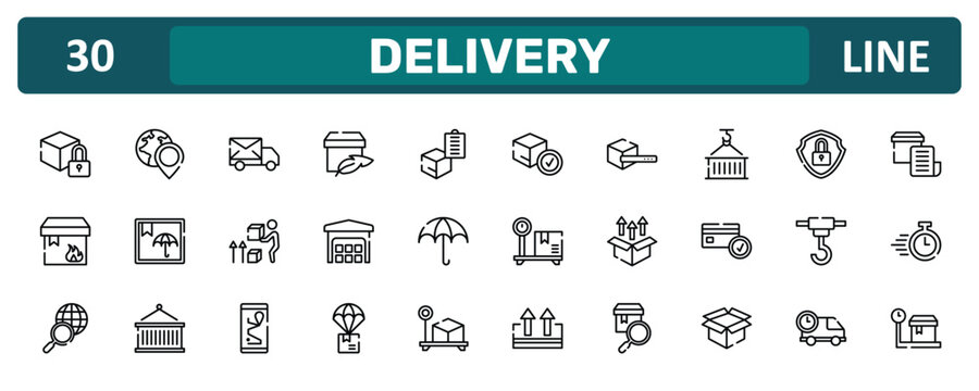 delivery outline icon set featuring locked pack, use hook, container hanging, weighting icons.