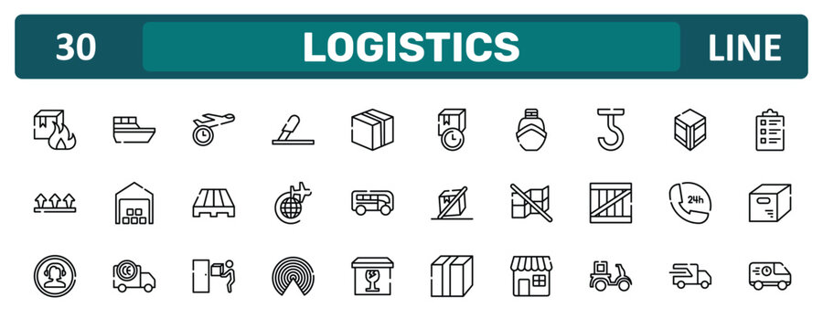 logistics outline icon set featuring flammable box, use hooks, 24 hours phone service, food logistics icons.