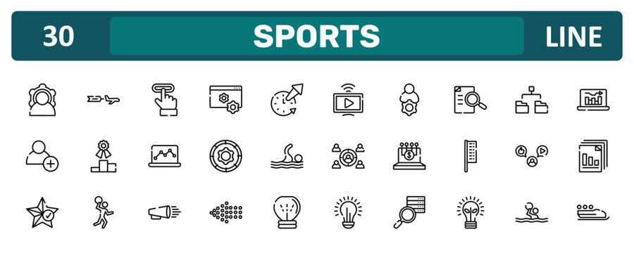 sports outline icon set featuring power, defining, mass media, bobsleigh icons.