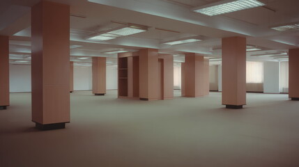Naklejka premium Vacant large open plan office interior with numerous exposed building pillars and fluorescent ceiling lights, presenting a minimalist and somewhat unsettling liminal corporate environment