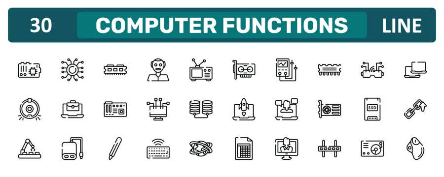 computer functions outline icon set featuring mainboard, rom, solid state drive, trackball icons.
