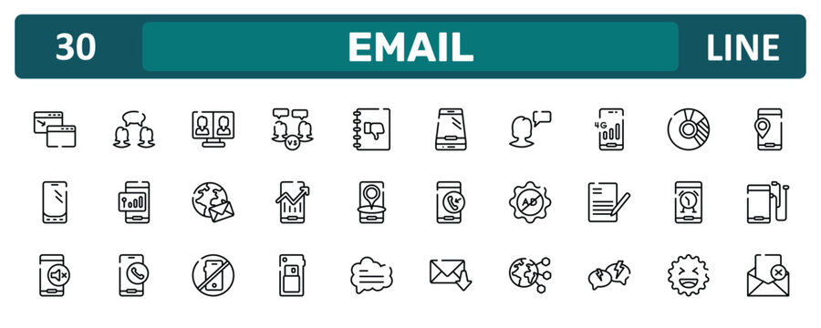 email outline icon set featuring new window, 4g phone connection, phone alarm, failed message icons.