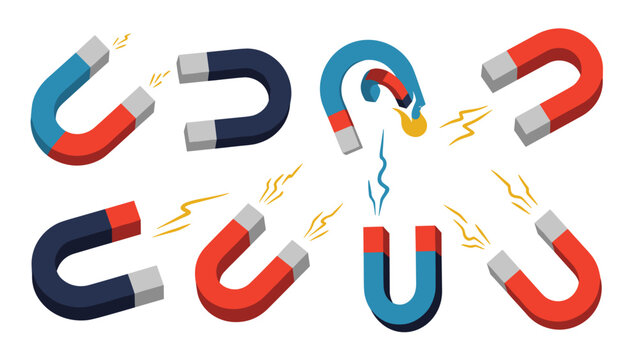 Scientific illustration showing various types of horseshoe magnets with magnetic fields, attraction, and repulsion forces in action.