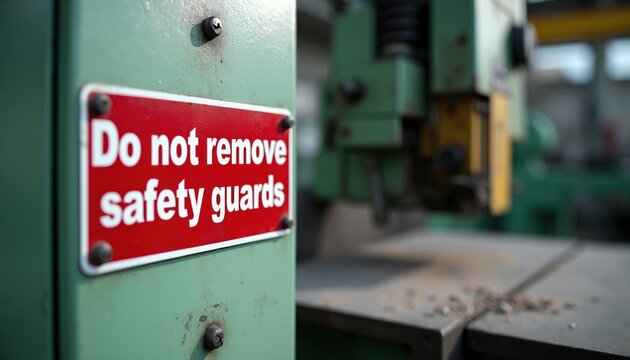 Red warning sign on industrial machine says Do not remove safety guards. Safety notice on manufacturing equipment in factory. Machine part closeup with text. Industrial hazard prevention.