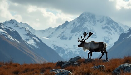 Obraz premium Reindeer stands on rocky ground with dry grass. Snow-capped mountains rise in background under cloudy sky. Animal has large antlers and white chest fur.
