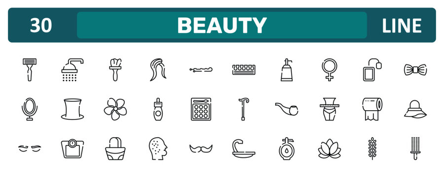 beauty outline icon set featuring shaving razor, femenine, tissue paper, circular comb icons.