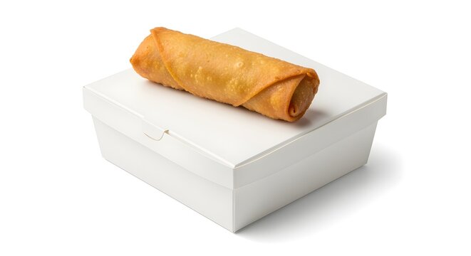 A single, perfect egg roll on a white square takeout box, isolated.