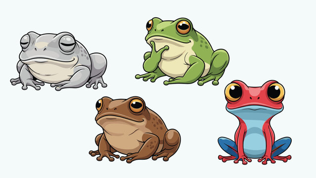 Colorful collection of diverse frog species including green, brown, grey, and bright red and blue varieties in various poses.