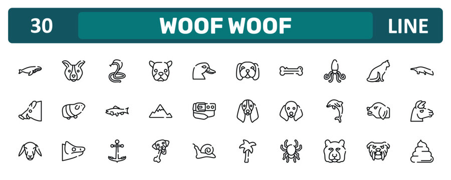 woof woof outline icon set featuring whale swimming, giant squid, angry dog, pile of dung icons.