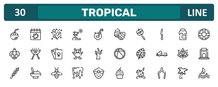 tropical outline icon set featuring coconut water, cutlery, fall, sailing icons.