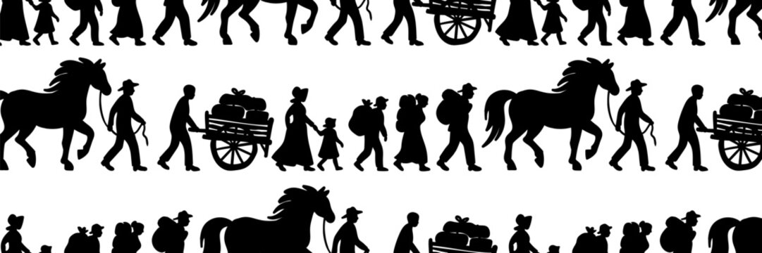 pioneer day people silhouettes background with settlers horses and handcarts for american heritage historical migration design