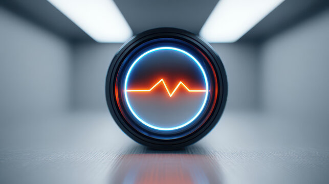 Digital technology concept with glowing neon circle and pulse line symbol representing digital literacy in futuristic style