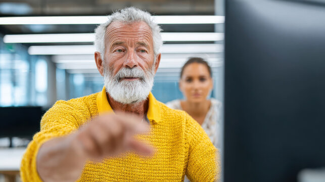 Elderly man in yellow sweater learning digital literacy with woman support in modern office environment focused on computer screen