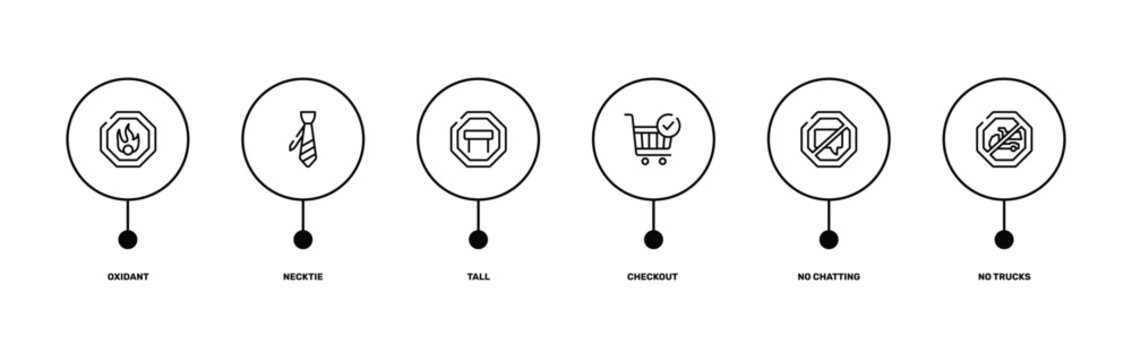 signal and prohibitions outline icon set featuring oxidant, necktie, no chatting, no trucks icons.