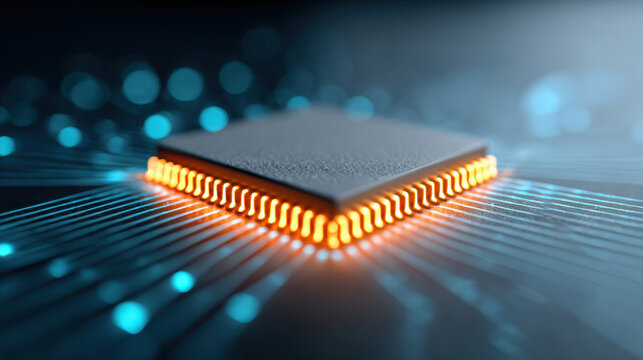 Digital microchip glowing with orange light on circuit board illustrating digital literacy concept in technology