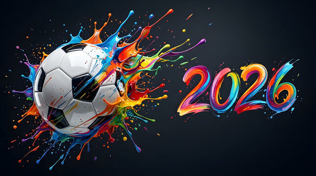 Soccer ball with colorful splashes and 2026 text world cup football 2026, world cup football, fifa world cup, fifa world cup 2026	