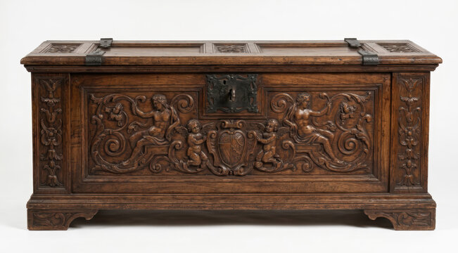 Cassapanca antica in legno massello intagliato con figure mitologiche e putti. Generative AI 