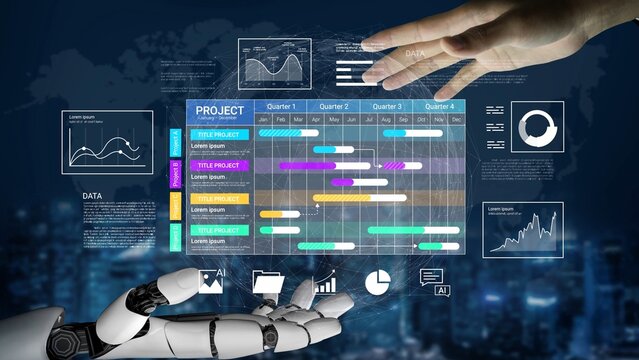 Futuristic Interface Showing Project Management Data with Robotic Hand and Human Interaction in a Digital Environment Gluon.