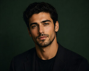 Fototapeta premium Confident young man with a captivating gaze, showcasing modern masculine elegance and thoughtful expression in a sophisticated studio portrait