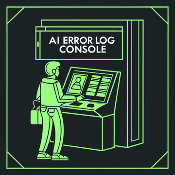Neon green robot man using ai error log console machine