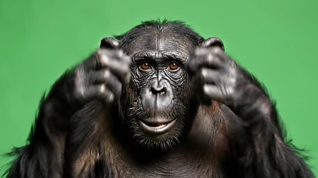 A chimpanzee covering its ears with hands in a green video studio setting