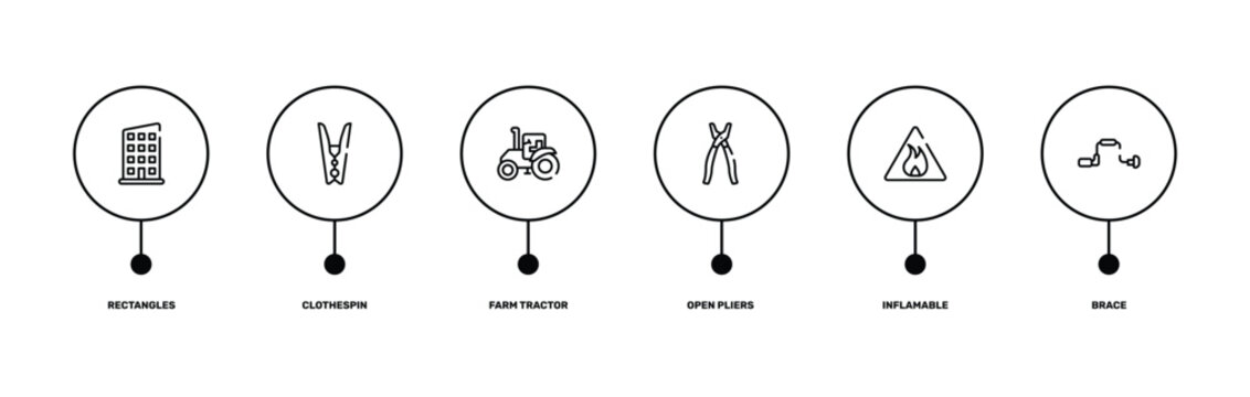 carpentry diy tools outline icon set featuring rectangles, clothespin, inflamable, brace icons.