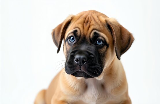 Cute mastiff puppy with bright blue eyes sits against a clean white background. This young dog has a distinctive facial feature, possibly a genetic trait or birth defect.