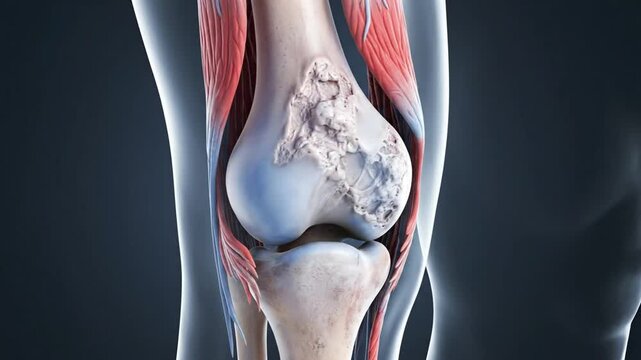 3D medical illustration of an inflamed human knee joint showing severe redness and swelling