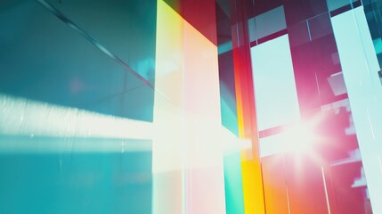 Fototapeta premium Abstract geometric pattern forming a modern glass structure, reflecting and refracting vibrant light in shades of teal, orange, and yellow, creating an ethereal and dynamic visual experience