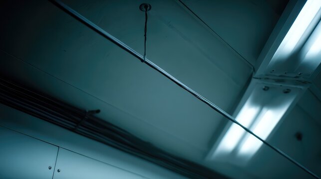 Fluorescent lights illuminating industrial ceiling with cables