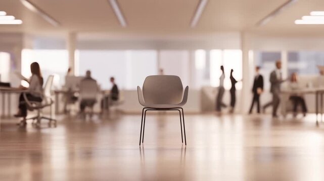 Dolly tracking slow move toward empty chair in open office with blurred coworkers moving and working in background modern corporate workspace