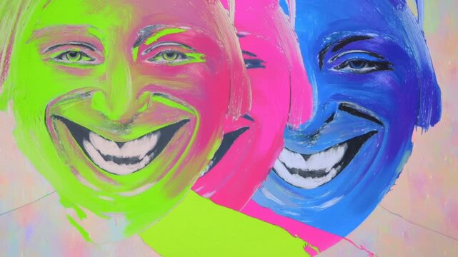 Panning tracking shot of painted portrait shifting into layered multicolor duplicate faces across canvas wall in indoor art studio setting
