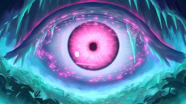 Slow zoom tracking shot of giant glowing pink eye pulsing above mystical jungle canopy and bioluminescent grotto with swirling neon particles