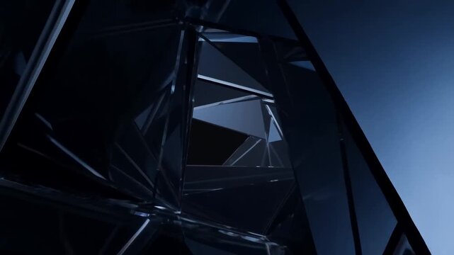 Tracking shot of rotating camera moving through dark crystalline glass structure interior with angular reflective surfaces
