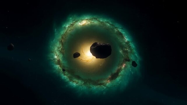 Tracking shot of asteroids drifting past glowing nebula ring around black hole in deep outer space with orbiting debris and boulders