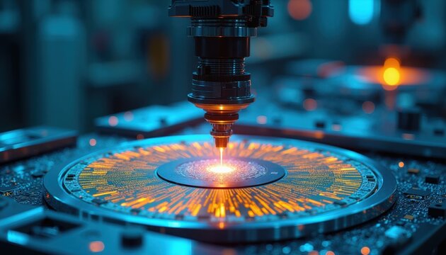 Automated robotic arm precisely works on silicon wafer. Laser beam etches intricate circuit patterns on circular disc. Advanced tech industry manufacturing process. Microchip fabrication.