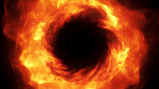 Rotating slow motion shot of fire vortex ring spiraling around dark center on black background in abstract cosmic void