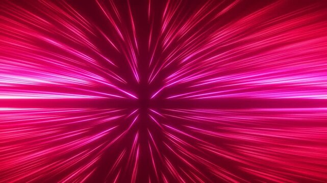 Tracking zoom shot of neon light rays streaking outward from center in virtual tunnel interior with magenta and red glowing lines and radial motion