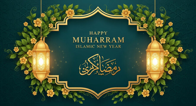 happy muharram greeting card with ornate lanterns and floral frame